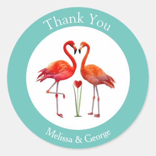 Flamingo Couple Thank You on Light Blue  White Classic Round Sticker