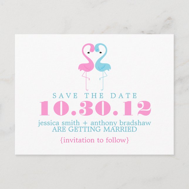 Flamingo Couple Wedding Save the Date Announcement Postcard (Front)