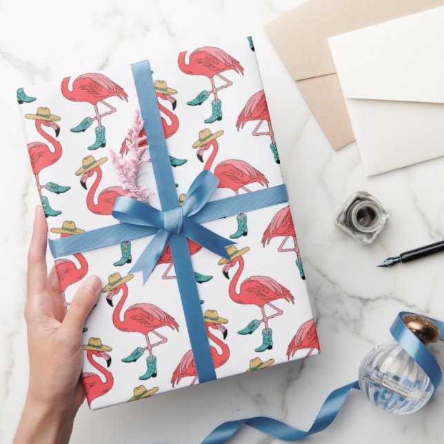 Flamingo Cowboy Boots and Hats Pattern Wrapping Paper (Gifting)