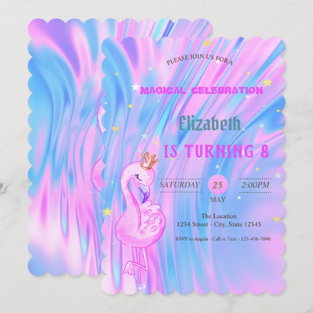  Flamingo,Crown Ombre Holographic Opal Birthday Invitation (Front/Back)