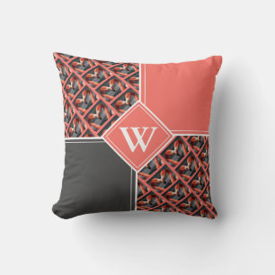 FLAMINGO Custom Monogram Coral Grey Throw Pillow
