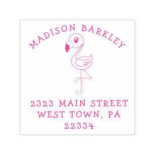 Address stamp \u00abSCH\u00d6NER FLAMINGO\u00bb including stamp cushions with personal address and motif-stamp name address pink bird