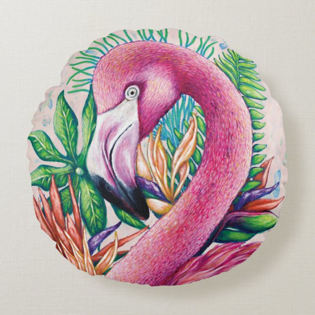 Flamingo Cute Tropical Pink Round Pillow (Front)