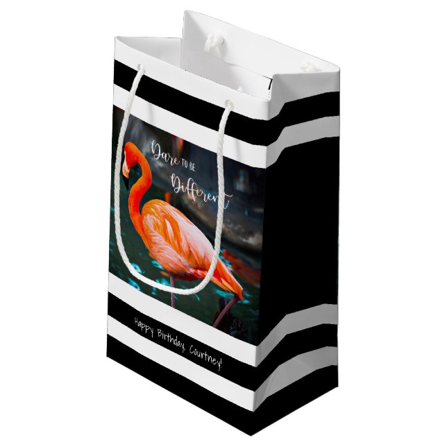 Flamingo Dare to Be Different Black Stripes Name Small Gift Bag (Back Angled)