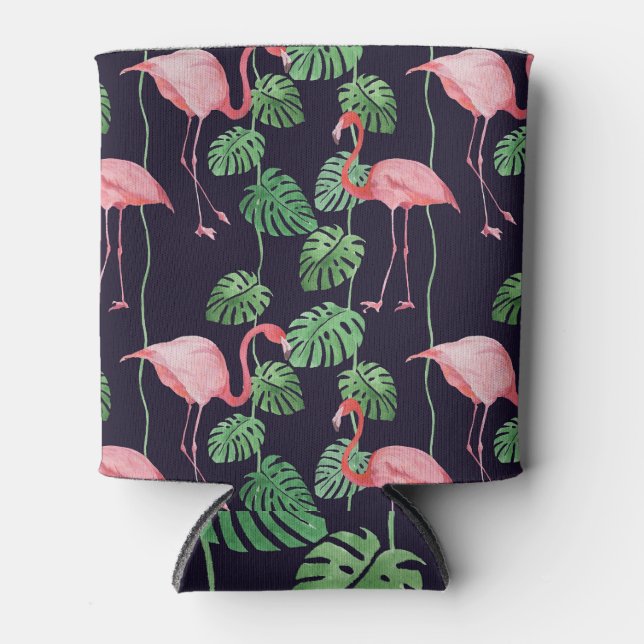 Flamingo Dark: Small Watercolor Pattern. Can Cooler (Front)