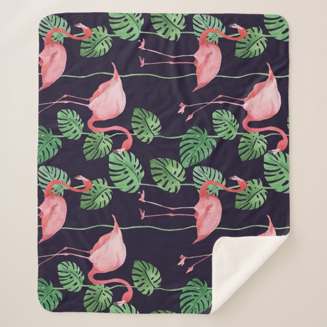 Flamingo Dark: Small Watercolor Pattern. Sherpa Blanket (Front)