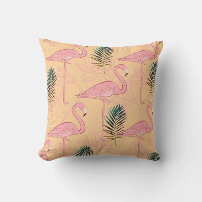 Flamingo Design in Golden Yellow & Teal Leaves Outdoor Pillow (Front)