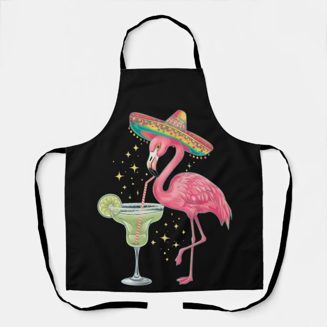 Flamingo Drinking Margarita Funny Mexican Poncho Apron (Front)