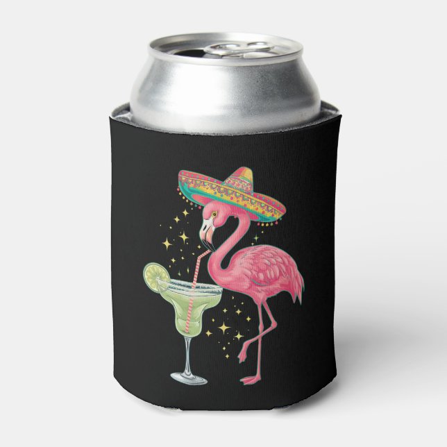 Flamingo Drinking Margarita Funny Mexican Poncho Can Cooler (Can Front)