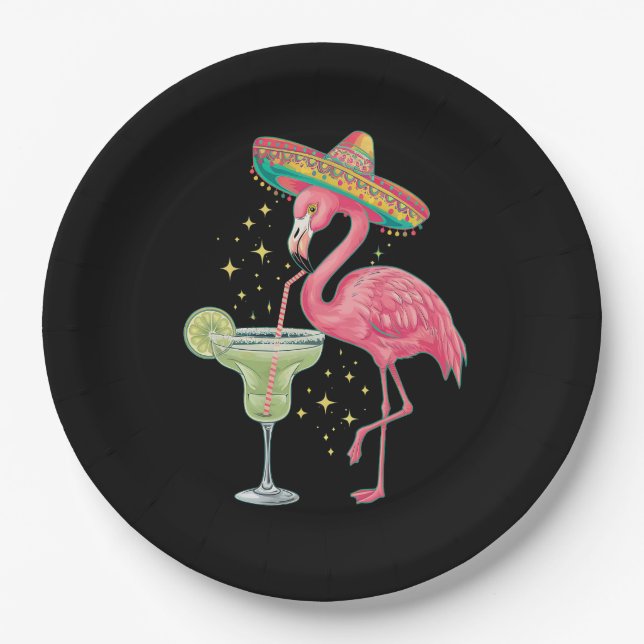 Flamingo Drinking Margarita Funny Mexican Poncho Paper Plates (Front)