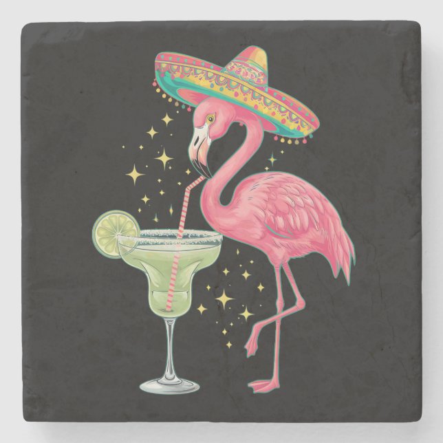 Flamingo Drinking Margarita Funny Mexican Poncho Stone Coaster (Front)