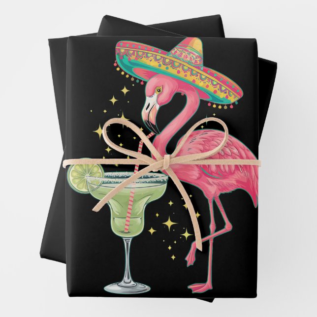 Flamingo Drinking Margarita Funny Mexican Poncho Wrapping Paper Sheets (In situ)