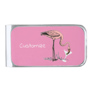 Flamingo Drinking Martini Thunder_Cove Silver Finish Money Clip