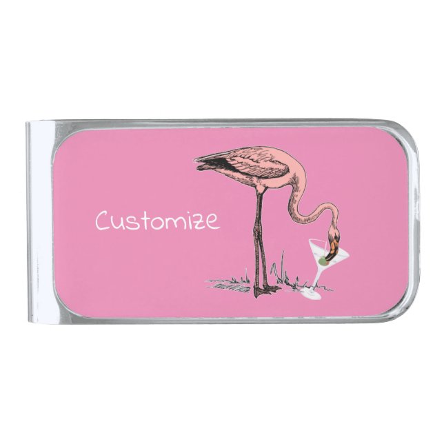 Flamingo Drinking Martini Thunder_Cove  Silver Finish Money Clip (Front)