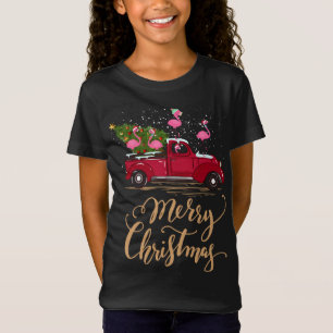 Flamingo Driving Christmas Tree Red Truck Flamingo T-Shirt
