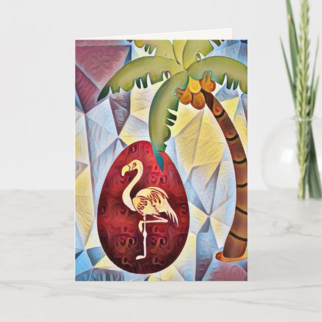 Flamingo Easter Egg and Palm Tree Beach Birthday Card (Front)