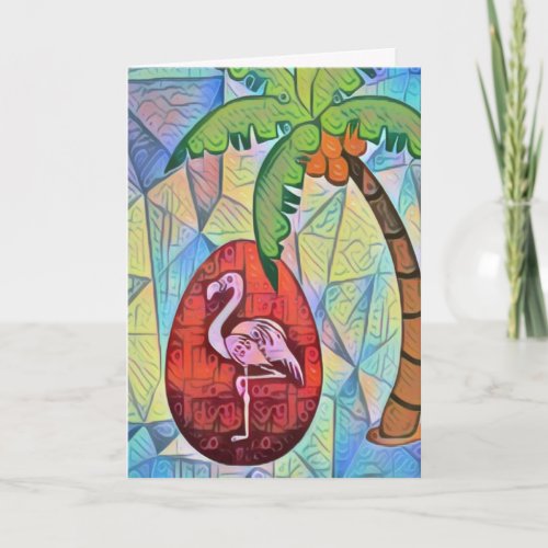 Flamingo Easter Egg and Palm Tree Beach Easter Holiday Card