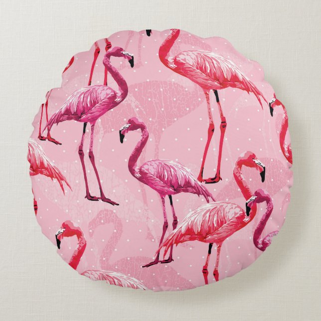 Flamingo Elegance: Pink Bird Pattern. Round Pillow (Front)