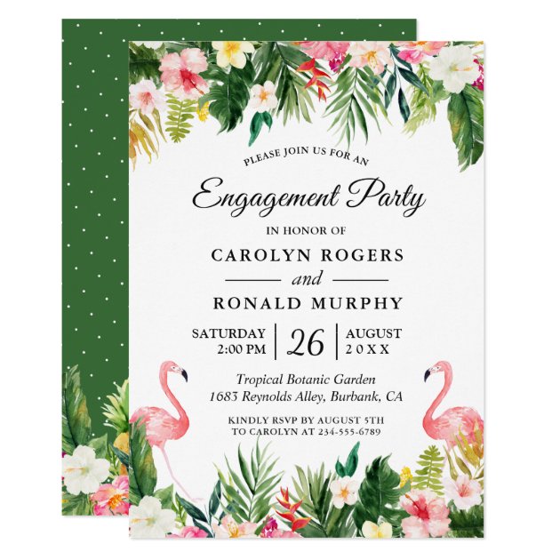 Flamingo Engagement Party Tropical Leaves Floral Invitation