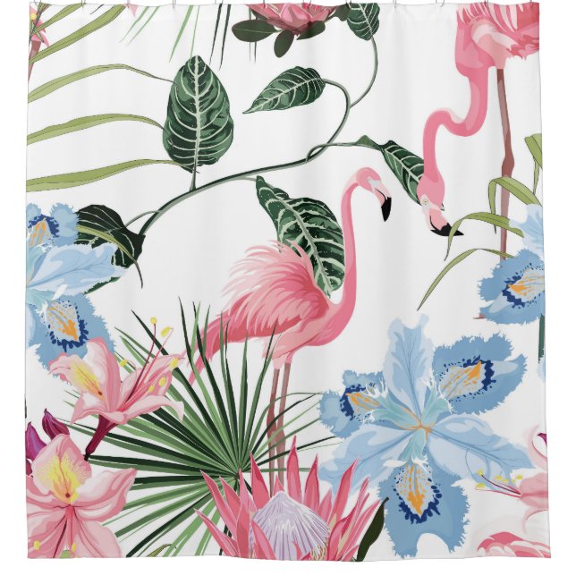 Flamingo Exotic Flowers Tropical Seamless Shower Curtain (Front)