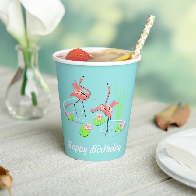 Flamingo Fandango Duo 2 Happy Birthday Paper Cups (Insitu)