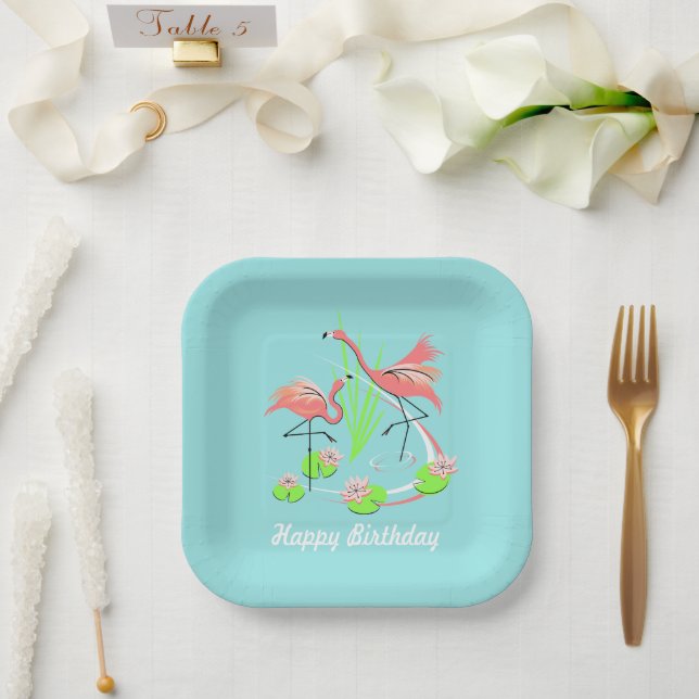 Flamingo Fandango Duo Happy Birthday square  Paper Plates (Wedding)