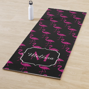 Flamingo faux glitter sparkles black Monogram Yoga Mat