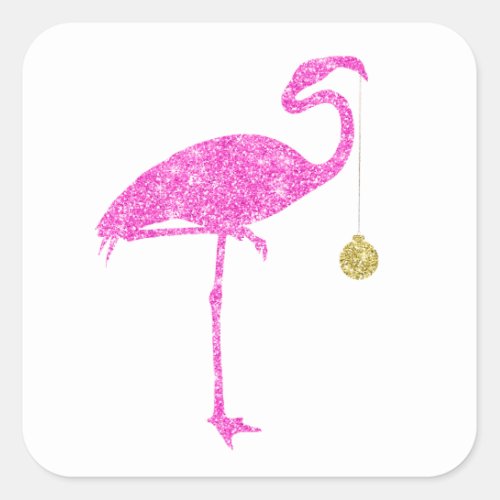 Flamingo Faux Pink Glitter Flamingos Christmas Square Sticker