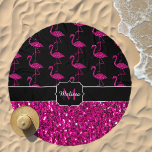 Flamingo faux sparkles pattern black Monogram Beach Towel