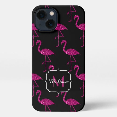 Flamingo faux sparkles pattern black Monogram iPhone 13 Case
