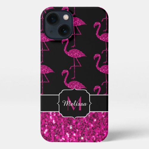 Flamingo faux sparkles pattern black Monogram iPhone 13 Case