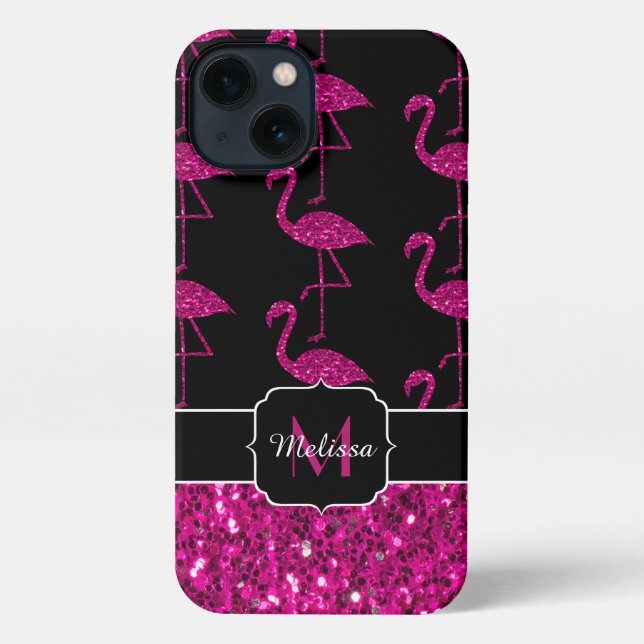 Flamingo faux sparkles pattern black Monogram iPhone Case (Back)