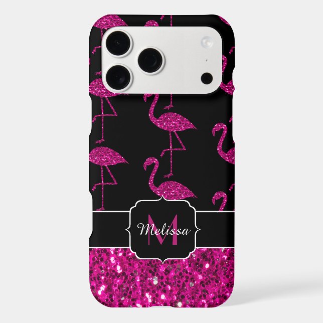 Flamingo faux sparkles pattern black Monogram iPhone Case (Back)
