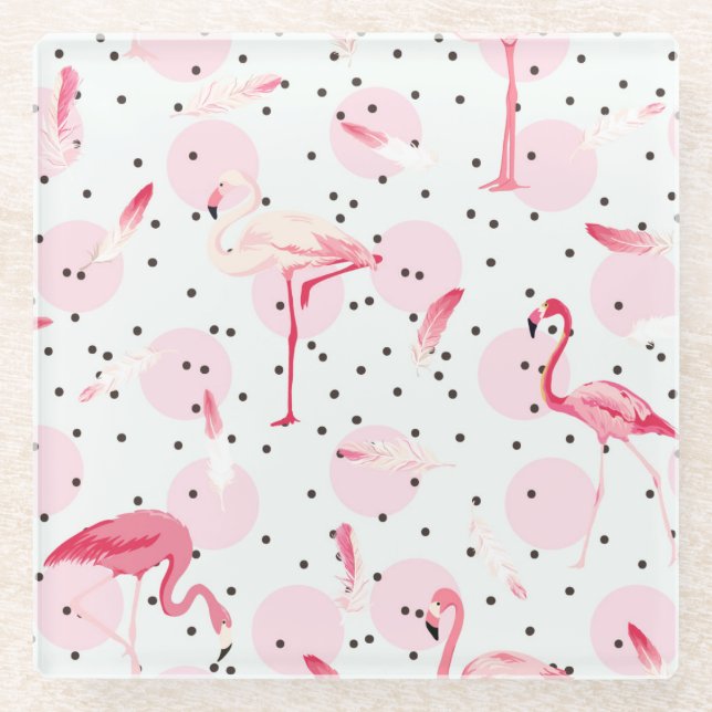 Flamingo Feathers On Polka Dots 2 Glass Coaster (Front)