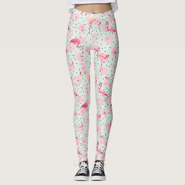 Flamingo Feathers On Polka Dots 2 Leggings (Front)