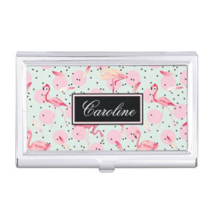 Flamingo Feathers On Polka Dots Add Your Name Business Card Case