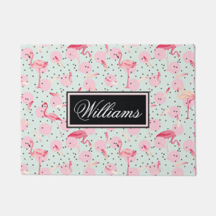 Flamingo Feathers On Polka Dots   Add Your Name Doormat