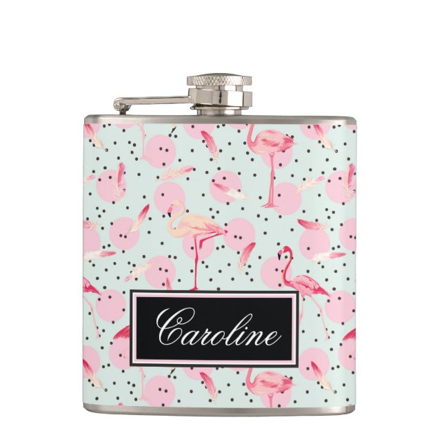 Flamingo Feathers On Polka Dots | Add Your Name Flask (Front)