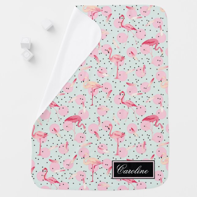 Flamingo Feathers On Polka Dots | Add Your Name Receiving Blanket (In Situ)