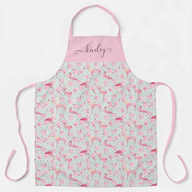 Flamingo Feathers On Polka Dots Apron (Front)