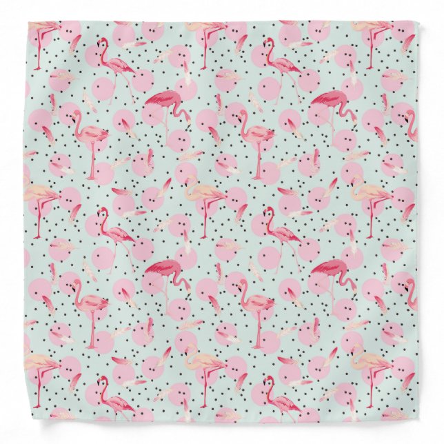 Flamingo Feathers On Polka Dots Bandana (Front)
