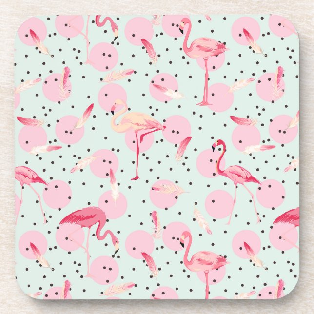 Flamingo Feathers On Polka Dots Drink Coaster (Front)