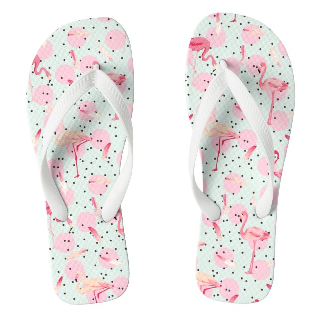 Flamingo Feathers On Polka Dots Flip Flops (Footbed)