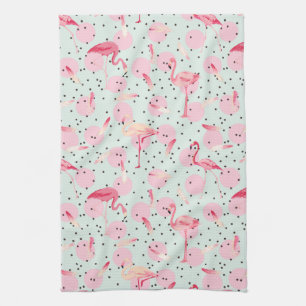 Flamingo Feathers On Polka Dots Kitchen Towel