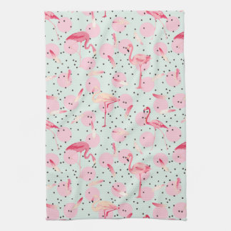 Flamingo Feathers On Polka Dots Kitchen Towel