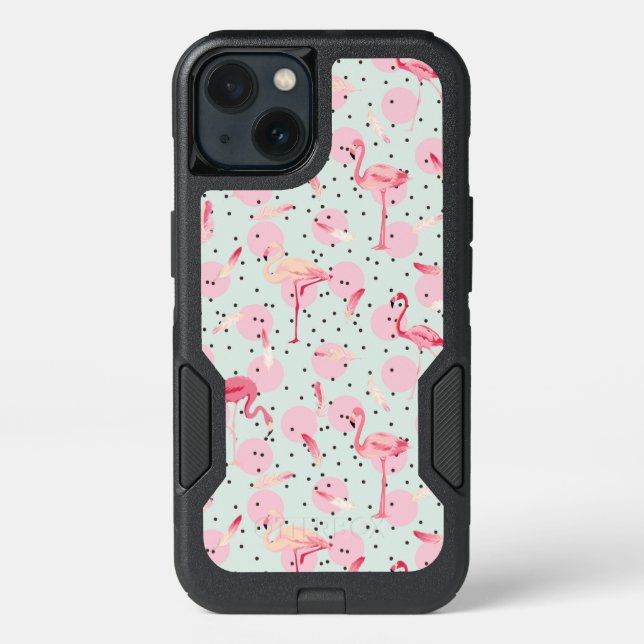 Flamingo Feathers On Polka Dots Otterbox iPhone Case (Back)