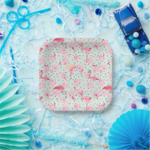 Flamingo Feathers On Polka Dots Paper Plates