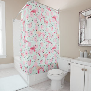 Flamingo Feathers On Polka Dots Shower Curtain