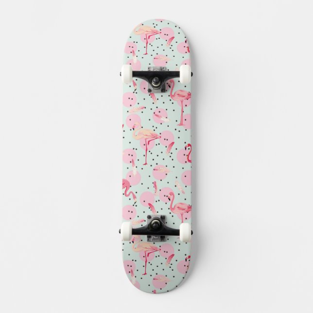 Flamingo Feathers On Polka Dots Skateboard Deck (Front)