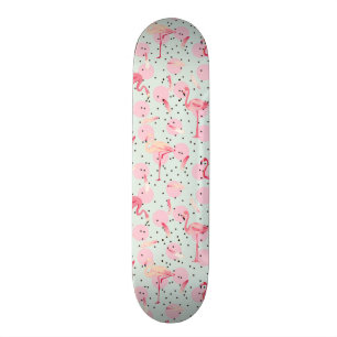 Flamingo Feathers On Polka Dots Skateboard Deck